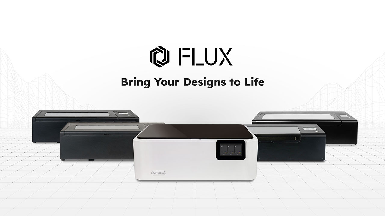 FLUX logo and tagline “Bring Your Designs to Life” above a lineup of five FLUX laser cutter models.