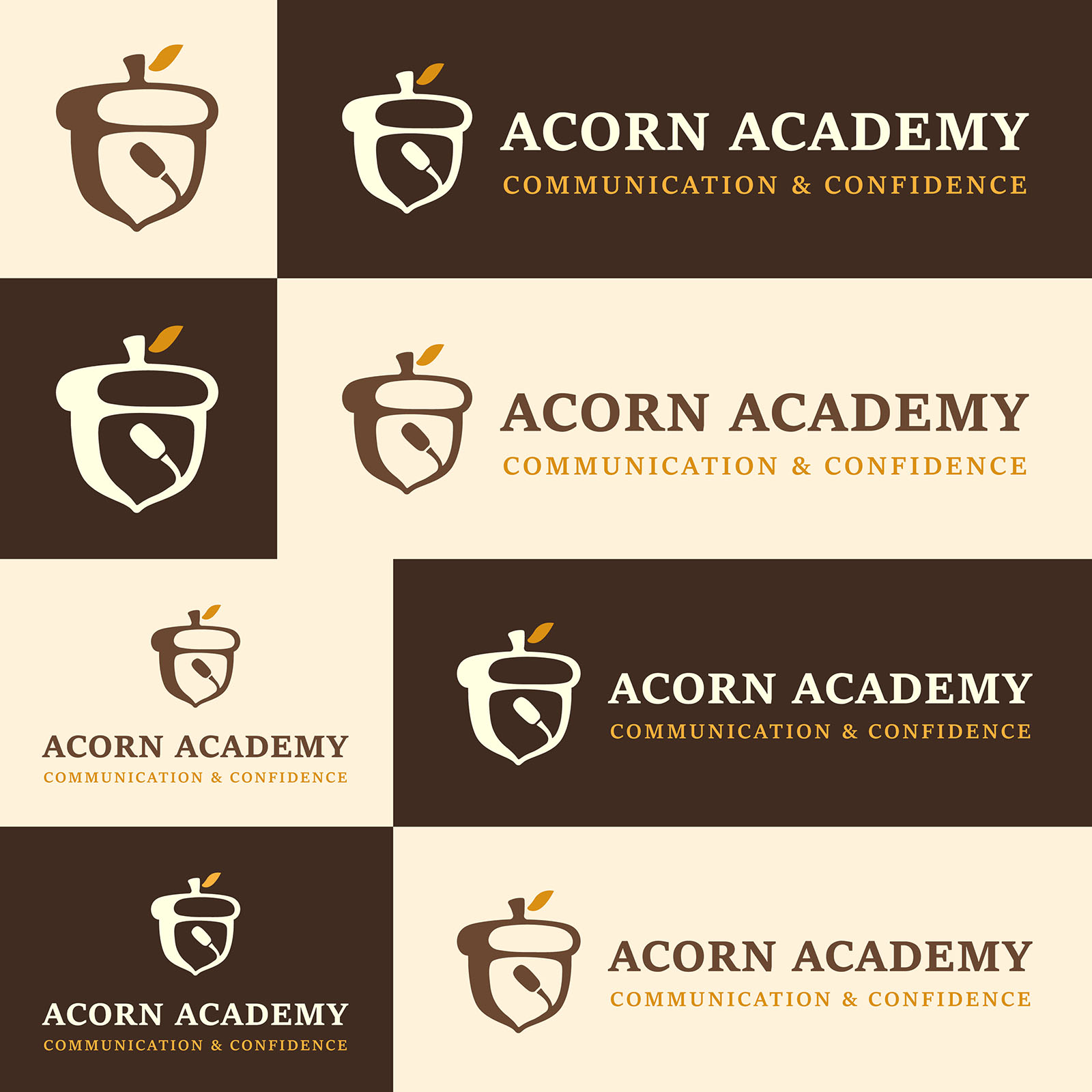 Grid of Acorn Academy logo lockups in different sizes and color combinations.