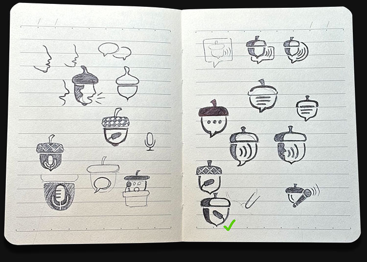 Two pages of hand-drawn sketches exploring acorn and microphone icon concepts for the logo.