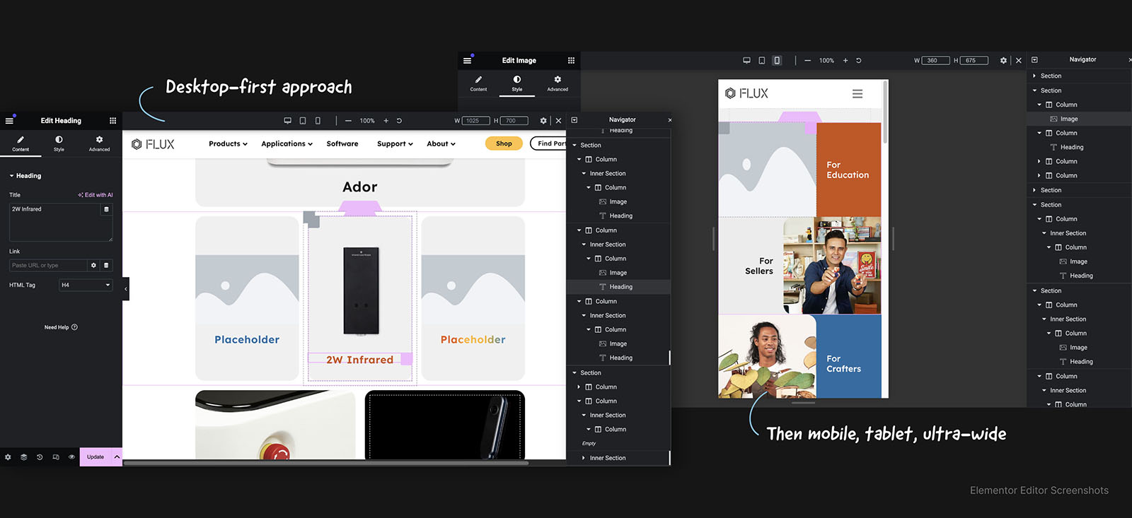 Elementor page builder screenshots showing the desktop-first layout being adapted for mobile, tablet, and ultra-wide screens.