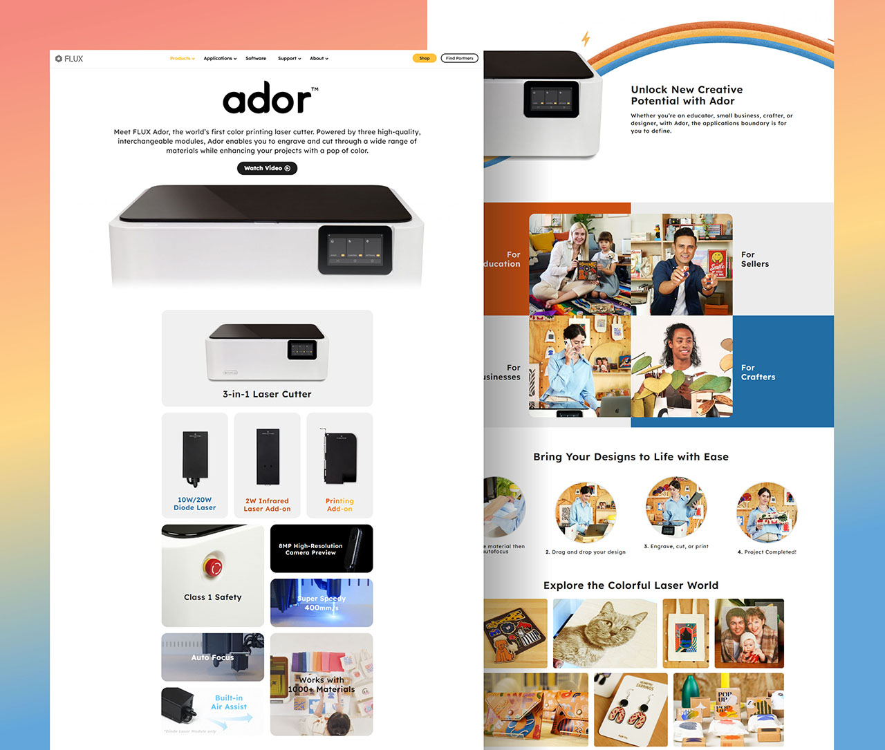 FLUX Ador product landing page showing the hero section, module breakdown, and audience-specific sections for education, sellers, businesses, and crafters.