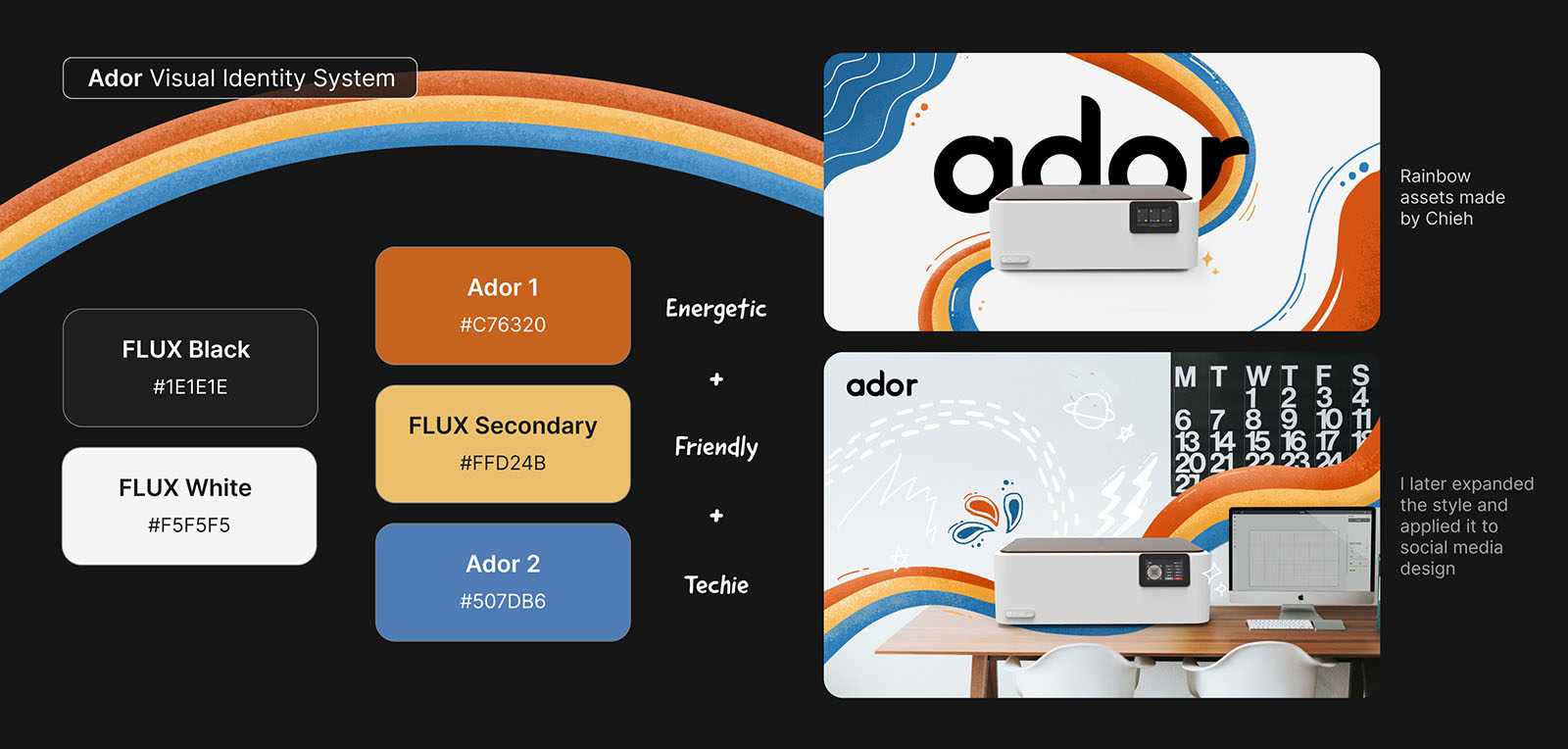 Ador visual identity system: brand colors and a rainbow motif applied to a product hero banner and a social media graphic.