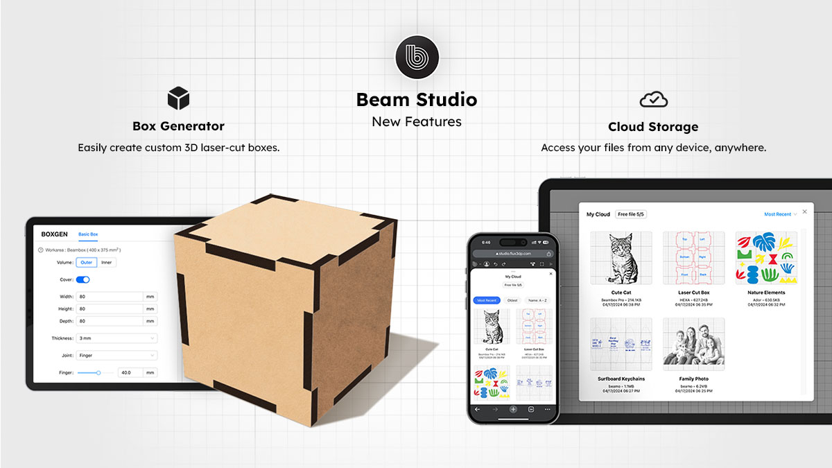 Beam Studio's three new features: Box Generator, shown as a 3D box preview; Cloud Storage, shown as a file browser; and the app icon.