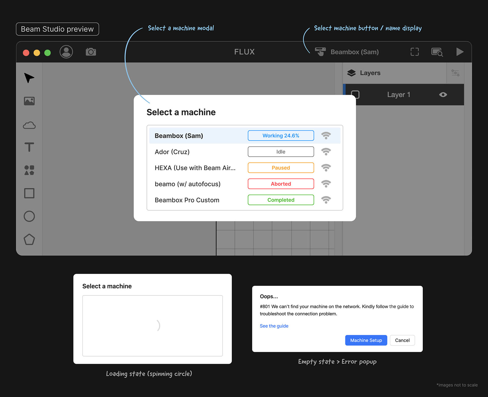 Final “Select a machine” modal shown inside Beam Studio, plus its loading state and a connection-error popup.