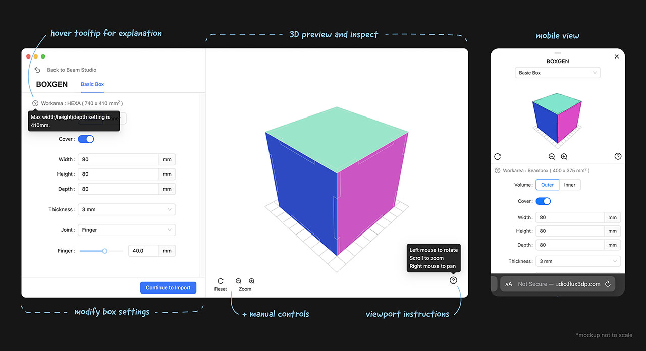 Final Box Generator interface showing box dimension controls, a rotatable 3D preview, and the mobile view.
