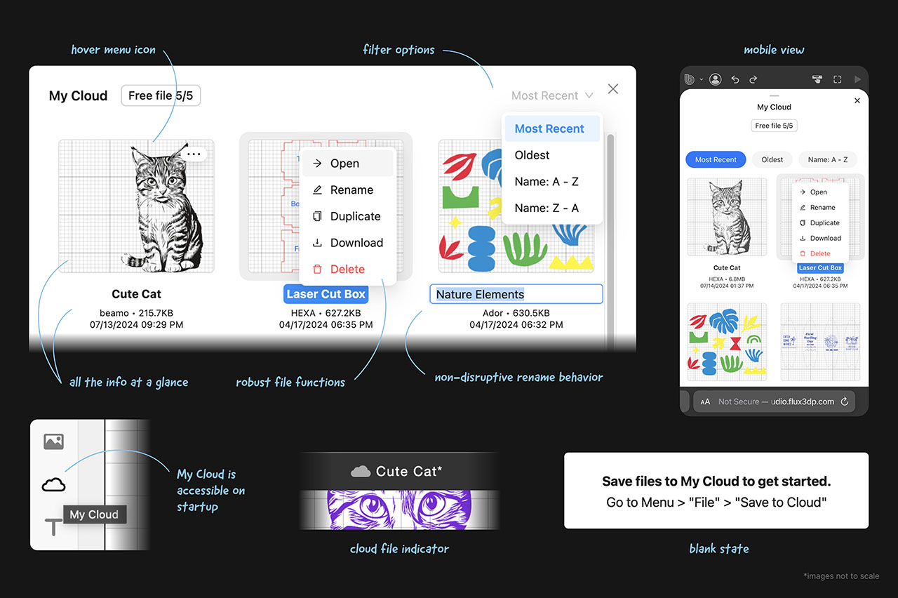 Final My Cloud modal design annotated with its hover menu, filter dropdown, and file details, alongside the mobile view and empty state.