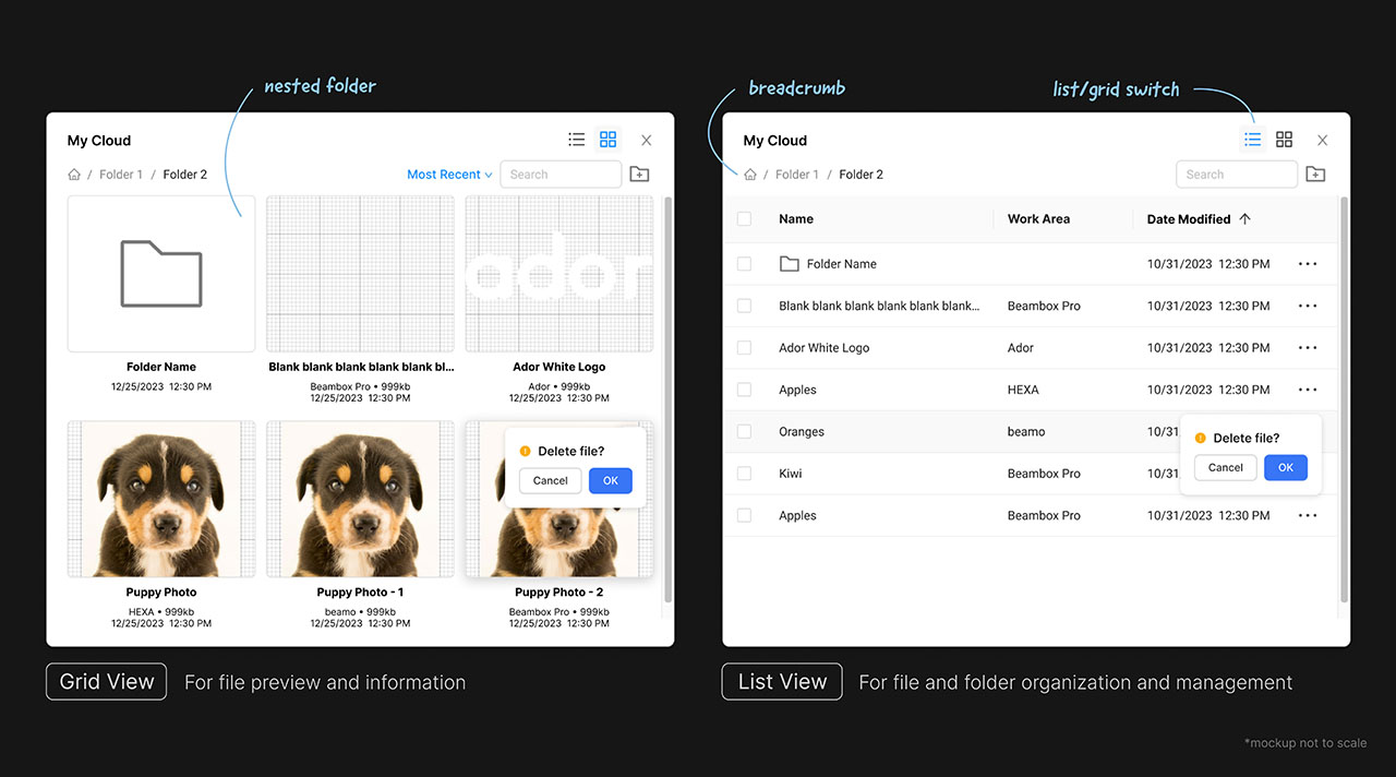 My Cloud grid view and list view mockups, annotated to show the nested folder breadcrumb and the view-switcher control.