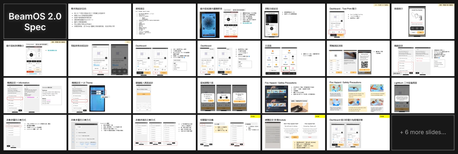 Grid of slide thumbnails from the 33-slide BeamOS 2.0 specification document covering screen designs, settings, and hardware requirements.