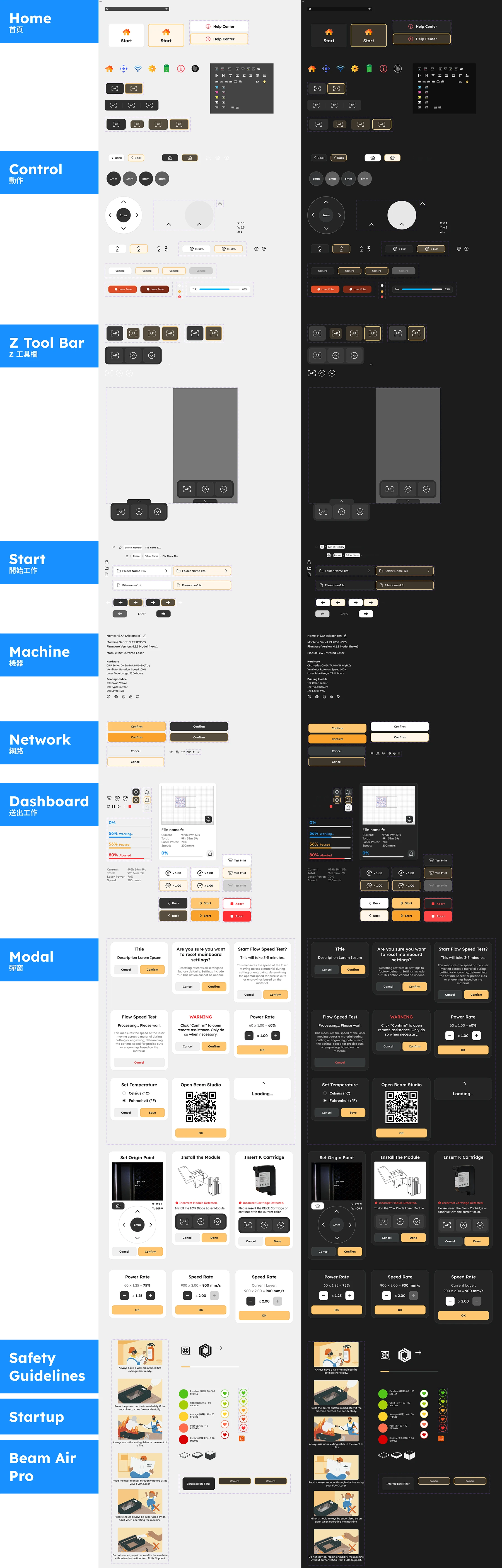 Full component library for the design system in light and dark mode, covering navigation, buttons, modals, and status states.