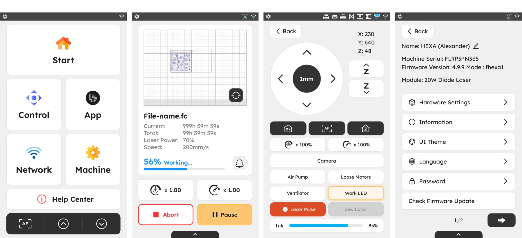 Four redesigned firmware screens: Home, Dashboard, Control, and Settings.