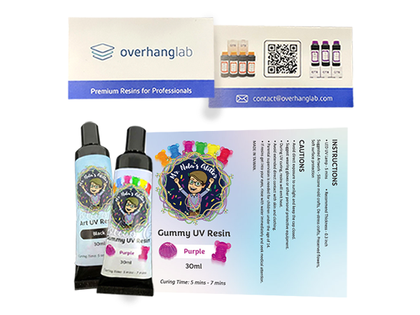 Overhang Lab card front and back view and Art UV Resin gel packaging design art.