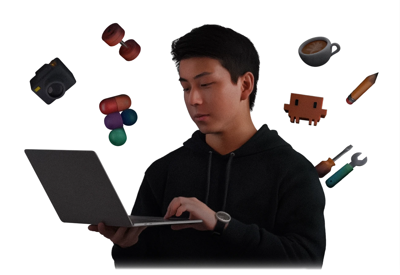 Portrait of Sam Mei at a laptop, among floating objects: a camera (learning photography), a dumbbell (training for HYROX), the Figma logo (how Sam started UX), a cup of latte (powered by latte), the Claude Code robot (my everyday build buddy), a pencil (for notetaking) and tools (always tinkering).