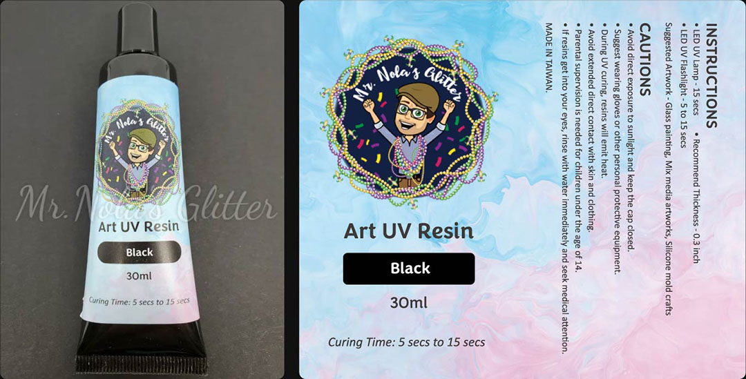 Art UV Resin tube and packaging label in black, with instructions and cautions.