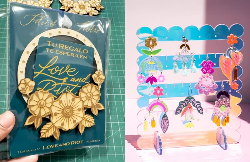 Laser-cut wooden gift tag and a display stand of colorful acrylic earrings, representing Lisa's product line.